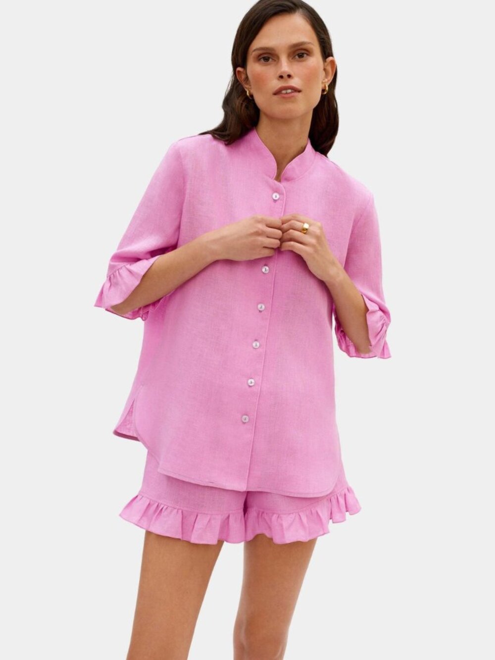 Sleeper Linen Lounge Suit Button Front Shirt & Shorts Pajama Set XS Lavender